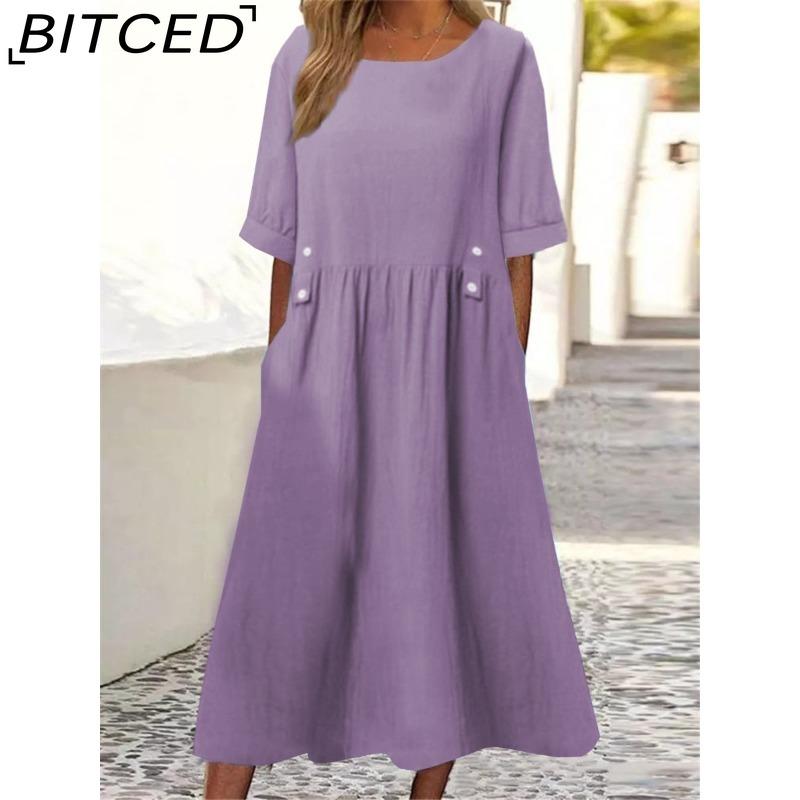 

BITCED Жіноча вільна сукня міді з подвійними кишенями, оздоблення ґудзиками, круглий виріз, короткий рукав, літній бохо, робочий одяг XXXL фіолетовий