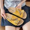 Fashion Flat flip-flops women's summer new round toe open-toe metal belt buckle one-foot slip-on lazy wear beach sandals and slippers