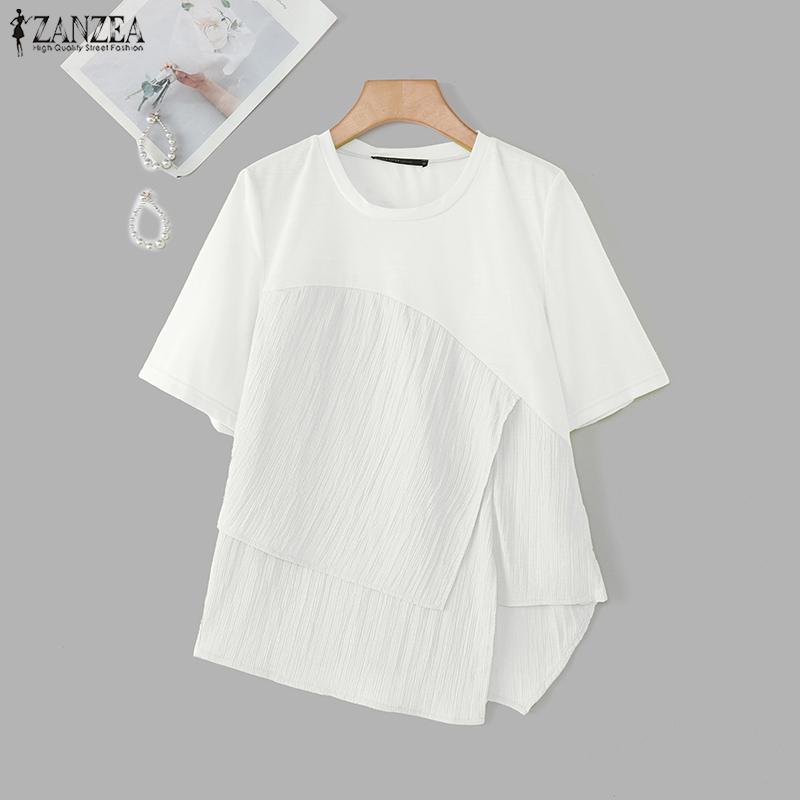 ZANZEA Women Casual Round Neck Short Sleeve Patchwork Irregular Blouse