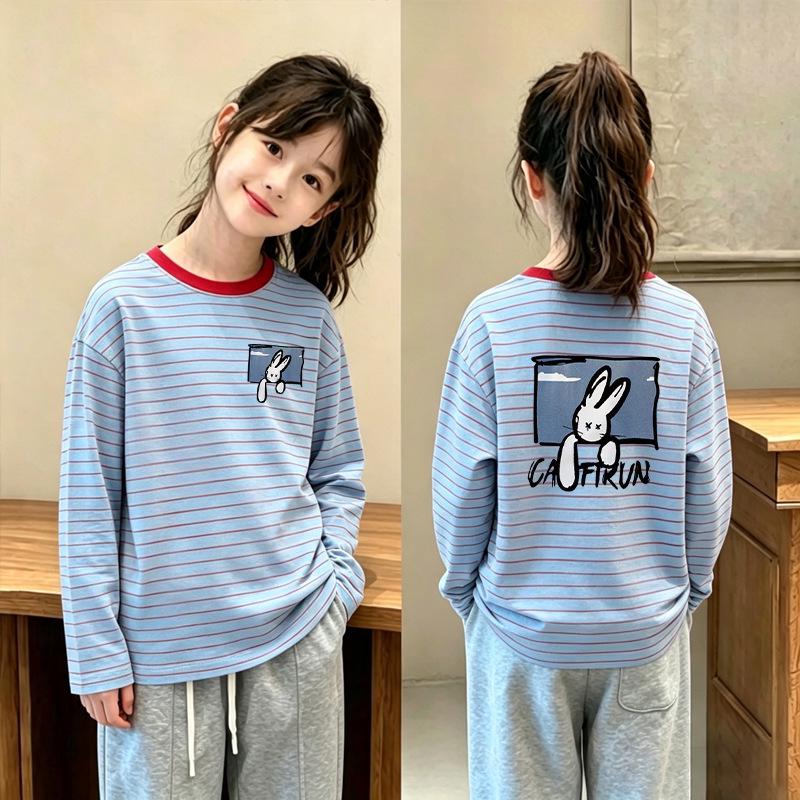 Stylish Girls' Striped Long-Sleeve T-Shirt for Ages 6-15 - Spring/Autumn Casual Base Layer Top