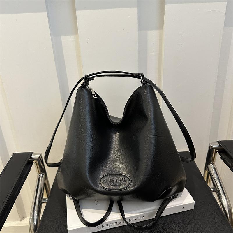 Large Capacity Vintage Style Faux Leather Bucket Bag Simple Solid Color Commuter Shoulder Crossbody Bag