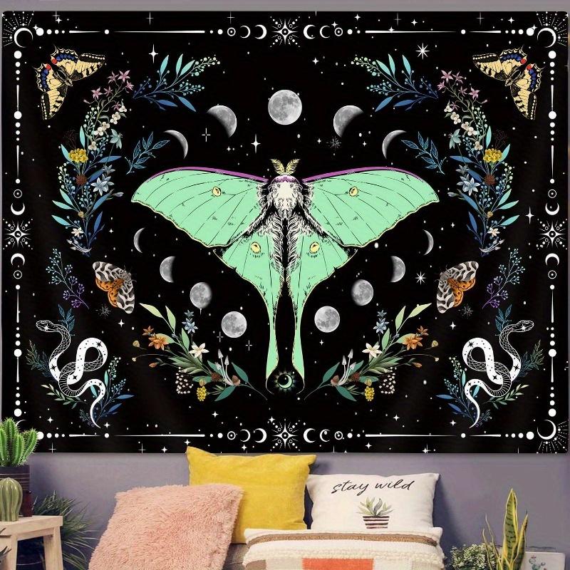1pc Moon Moth with Phases and Floral Tapestry Mystical Night Sky Wall Hanging Decor for Bohemian Home Mystical Bohemian Decor
