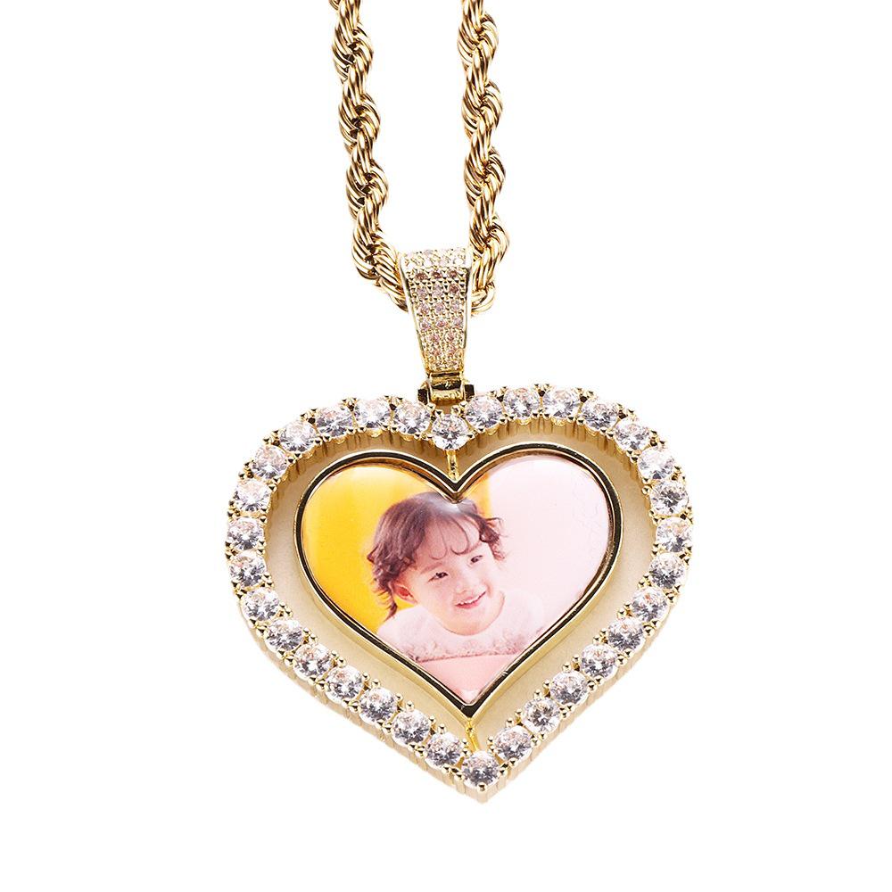 Rotatable Double-Sided Heart Photo Pendant Necklace with Zirconium Inlay - Yunyi Jewelry
