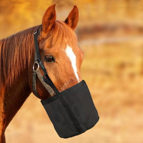 Horse Feed Bag Heavy Duty Mesh Horse Feeder with Adjustable Strap Horse Muzzle Feed Bucket for Feeding Grain Powder Supplements