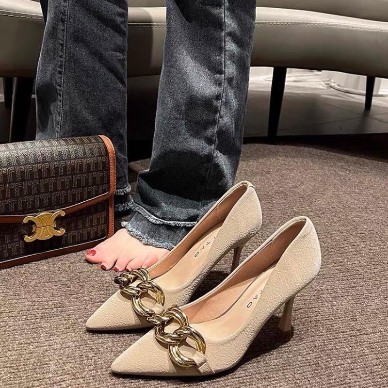 Fashion Shoes Woman Trend Luxury Women's Shoes Genuine Leather Metal Button High Heels Shoes New Popular Pointed Toe Fashion Sexy Party