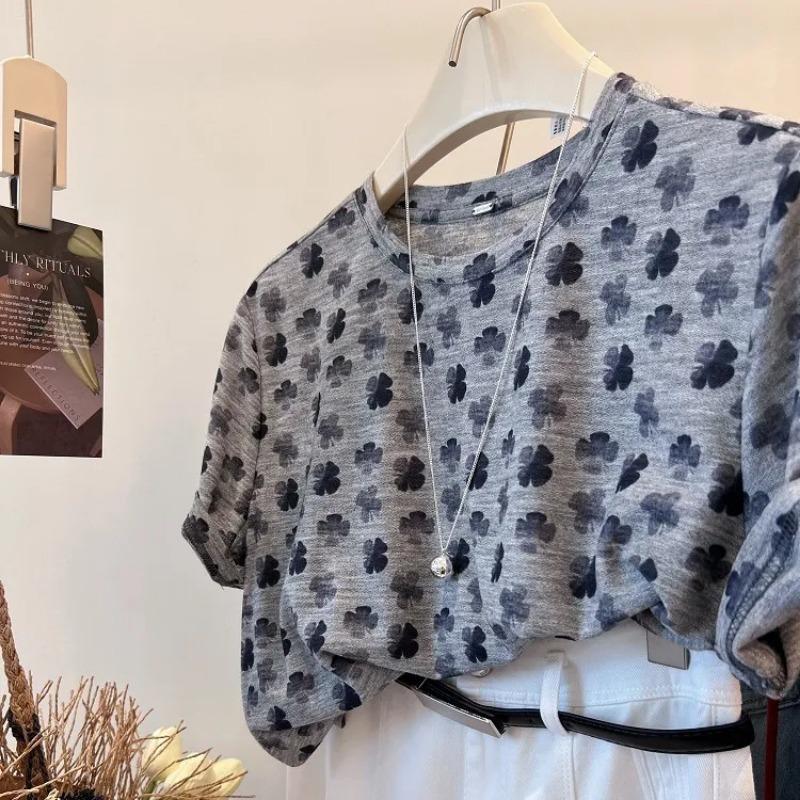 

Cool Tencel Material Slightly Permeable Korean Four-leaf Clover Soft and Skin-friendly Thin Slimming Short-sleeved T-shirt Loose Top for Women M серый