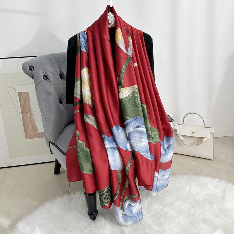 New new silk satin long thin scarf female fashionable temperament plant flower printed shawl travel with scarf