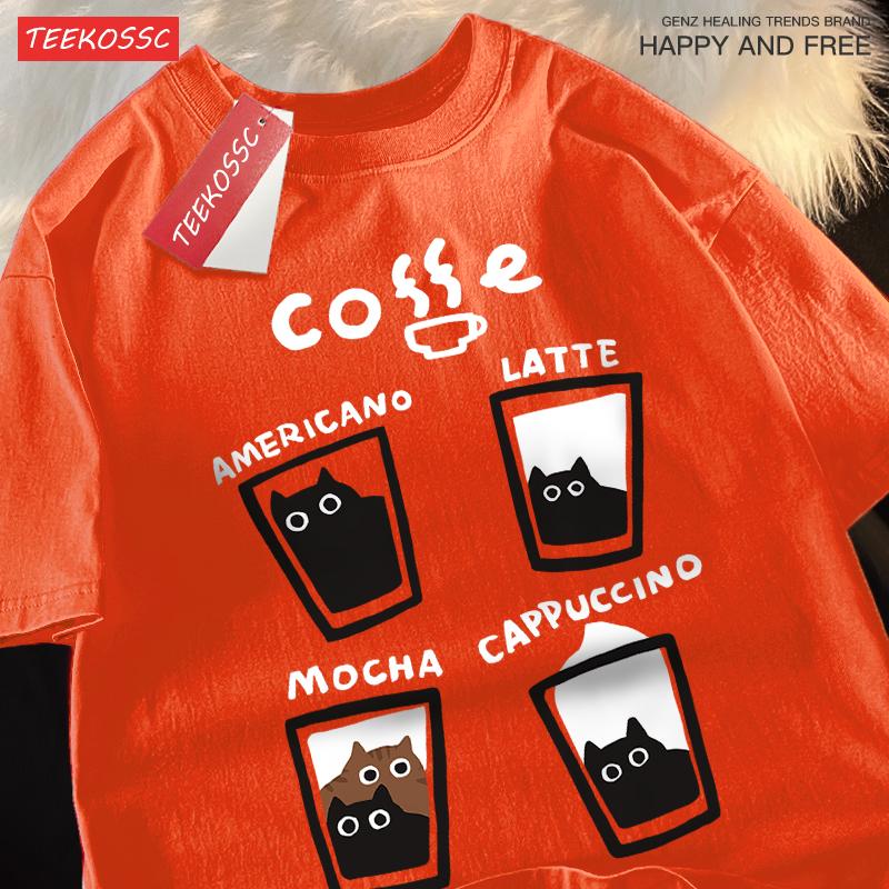 American Retro Trendy Cat Cotton T-shirt Casual Round Neck Men Women Summer Loose Couple Short Sleeved Tops Tee Harajuku Y2k