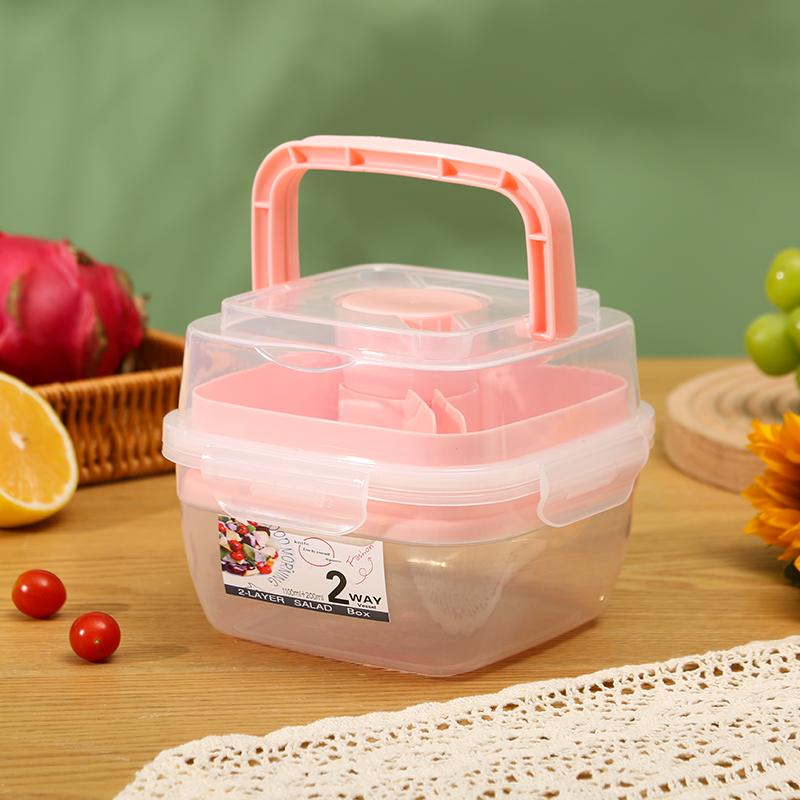 Přenosné 2vrstvé salátové misky s vidličkou 1300ml obědový box, uzavřené nepropustné bento boxy, opakovaně použitelný piknikový box, nádoba na potraviny