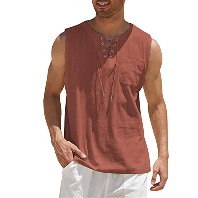Canottiere da uomo Cotone Lino Traspirante Leggero Colore Unito Design con Coulisse Scollo a V Sensazione Fresca Stile Vacanza Top Maschili