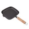 Cast Iron Skillet with Wooden Handle Square Uncoated Nonstick Cast Iron Grill Pan for Meats Steak Fish