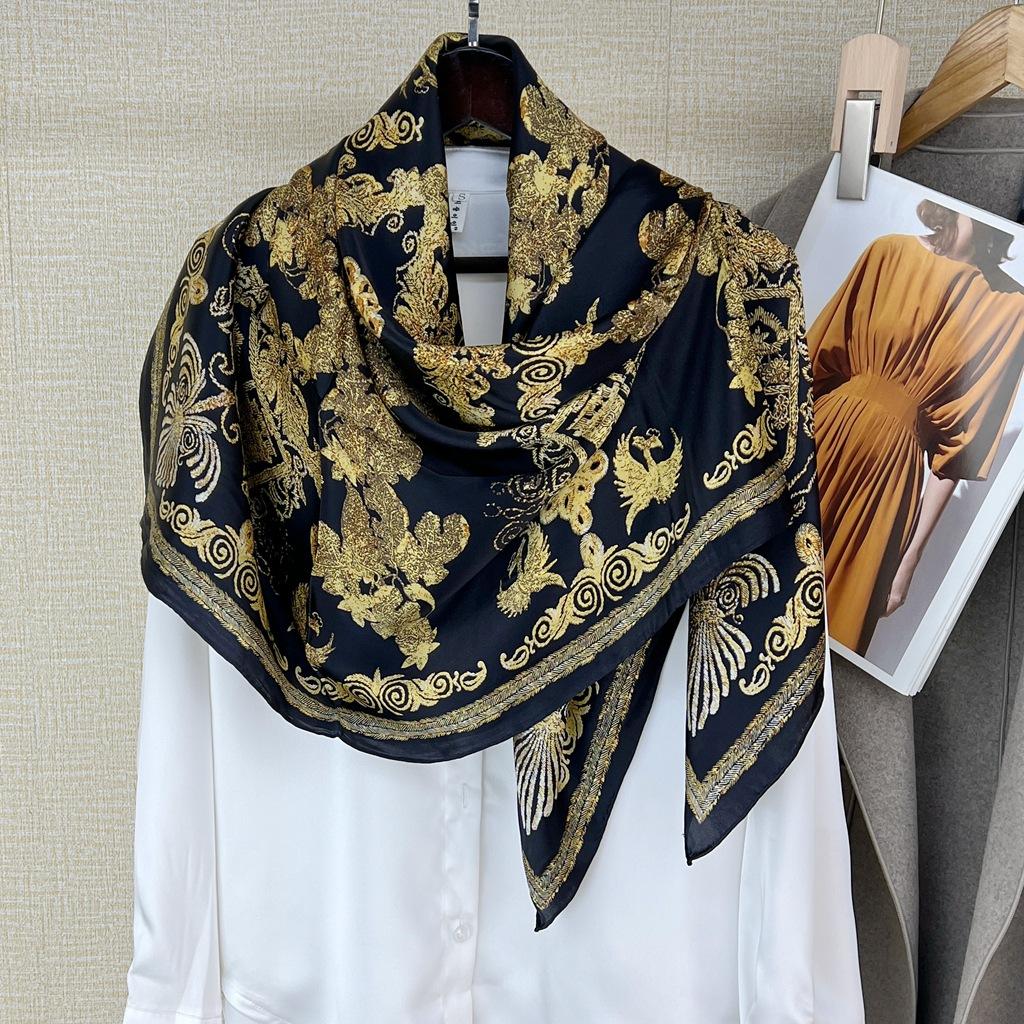 Black Gold Phoenix, Silk Crepe Satin 110 Large Square Scarf Mulberry Silk Silk Scarf Spring And Autumn Shawl Scarf Women