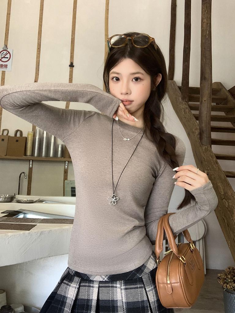 Korean Oat Crew Neck Autumn New Long-sleeved T-shirt with Bottoming Shirt Slim-fitting Lazy Temperament Top Women