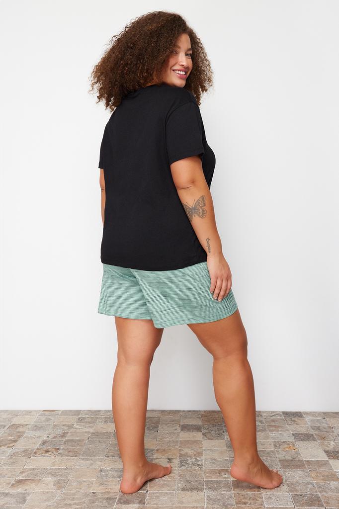 Women's Fashion New Plus Big Size Pajama Set Green Crew Neck Striped Knitted Pajama Set