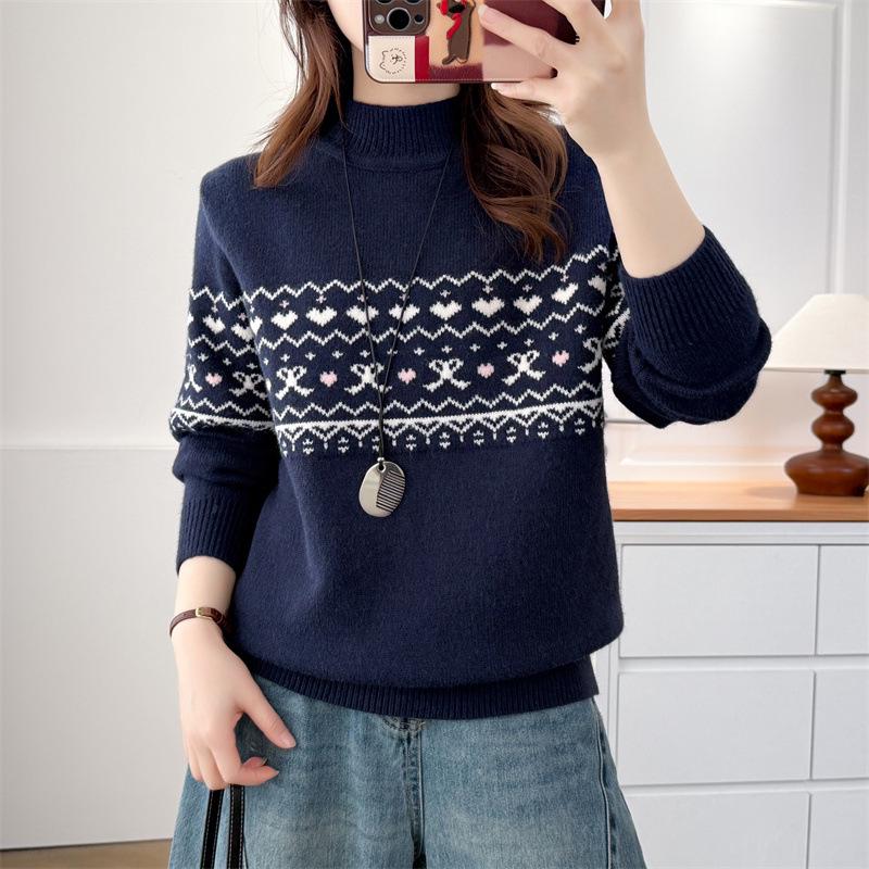

2025 Autumn/Winter Plus Size Women s Jacquard Knit Sweater - Stand Collar Slimming Pullover 3XL темно-синий