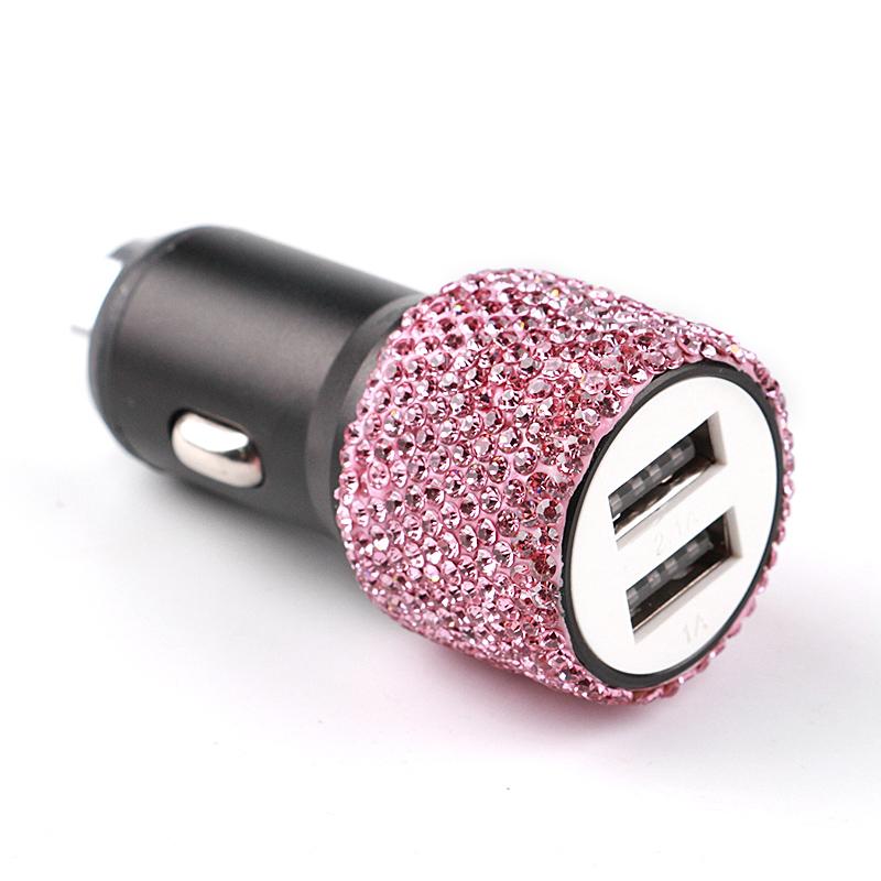 New Bling USB Car Charger 5V 2.1A Dual Port Fast Adapter Pink Car Decor Car Styling Diamond Car Accessories Interior for Woman