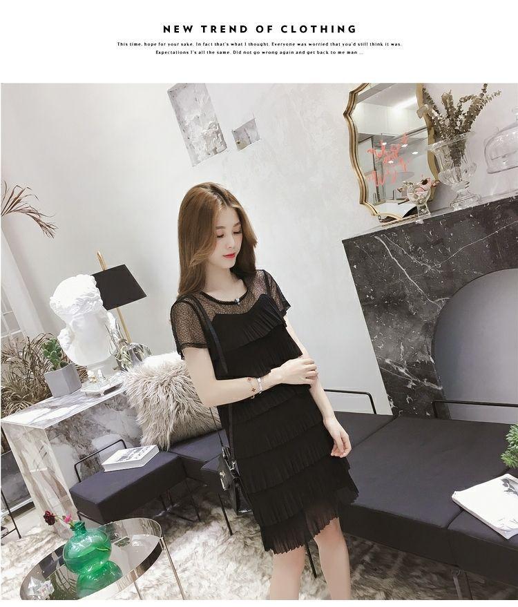 Sommer Spitzen-Patchwork Chiffonkleid, Kurzärmeliger Feenstil Kuchenrock in Schwarz