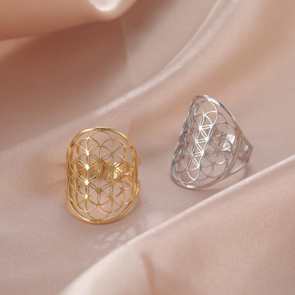 Unift Sacred Geometry Flower of Life Ring Adjustable Stainless Steel Ring Men Women Accessories Vintage Filigree Viking Jewelry