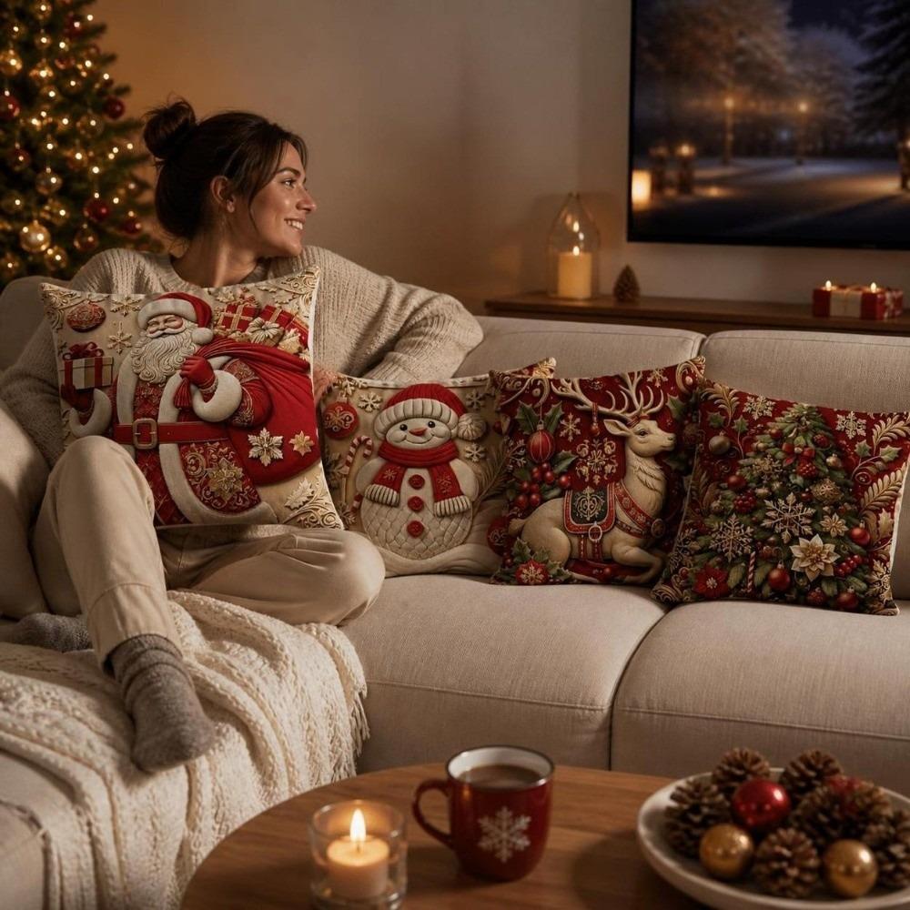 4PCS Snowman Holiday Cushion Cover Santa Claus Xmas Pillow Cover Home Holiday Decor