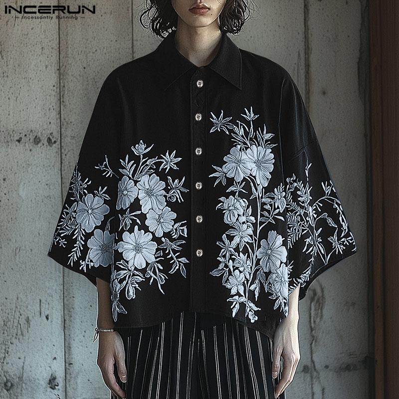 INCERUN Pánské košile s volným límcem, 3/4 rukávy, knoflíky, květinovým potiskem a volným časem
