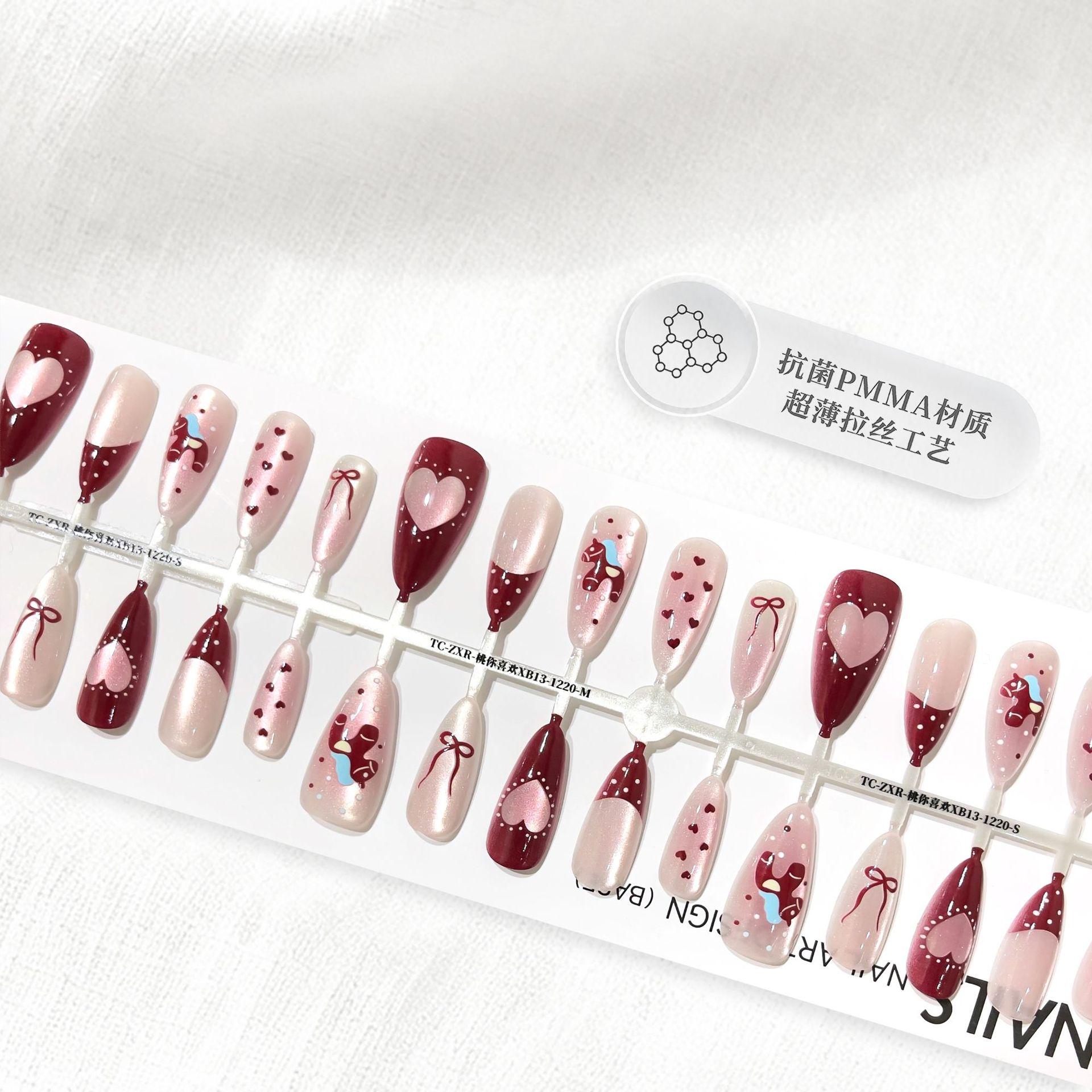 Heart-Shaped French Sparkle Cat Eye False Nails in Wine Red M with Center Pillar (10 pcs)