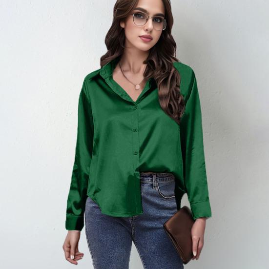 Women Shirt Lapel Long Sleeve Smooth Satin Shirt Tops Solid Color Loose Fit Casual Shirt Office Lady Shirt Daily Wear