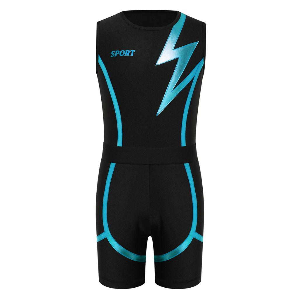 Boys Shiny Contrast Leotard Sleeveless Press Button Crotch Shorts Gymnastics Outfit