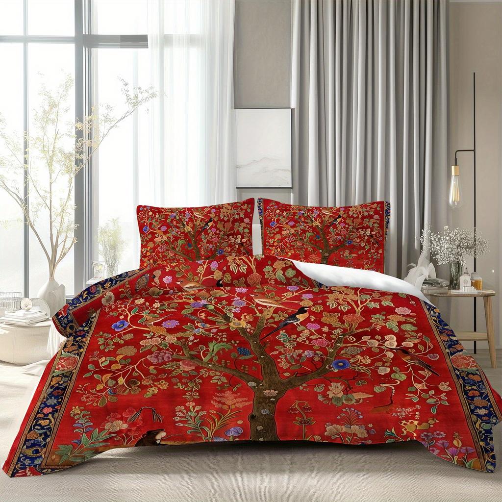 Red Festive Big Tree Luxury Duvet Cover Bedding Set for All SeasonsBedroom Dormitory Home Decor Soft Wrinkle-Resistant