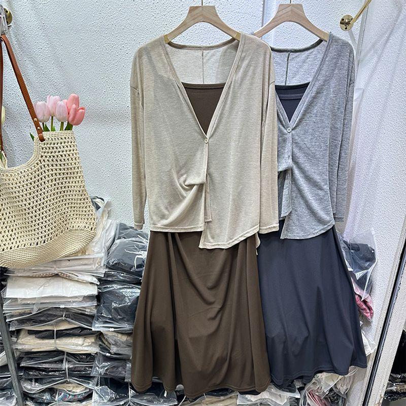 

Модное летнее поступление Минималистичная рубашка для защиты от солнца Длинное платье на бретелях Элегантный ленивый костюм-двойка Платье Костюм женский Apricot Suit M