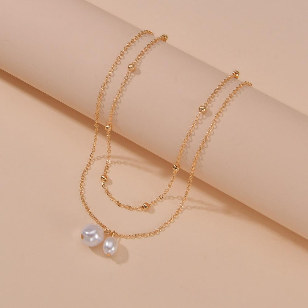 Personalized Ins Style, Simple Special-shaped Pearl Pendant, Double-layer Metal Women's Necklace.