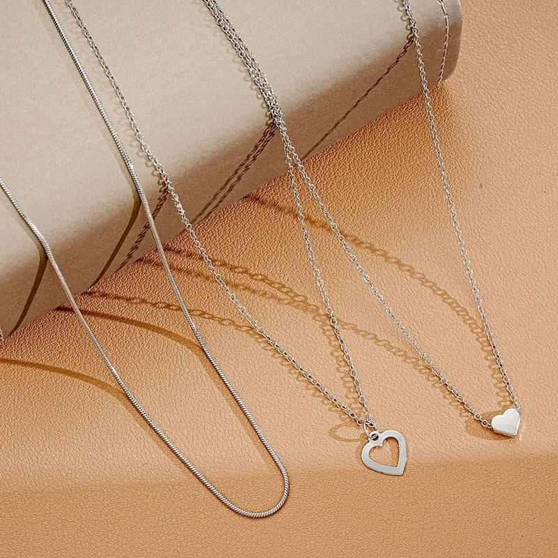 Silver Color Double Love Pendant Multi-layer Necklace For Women Three-piece Set Fashion Daily Accessory Jewelry Birthday Gifts