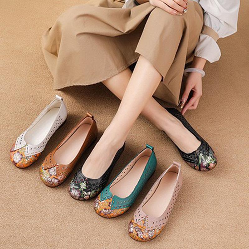 Pravá kůže Měkká podrážka Baleríny na jaro a léto, Protiskluzové Děrované Prodyšné Kožené Měkké Podrážky Mokasíny