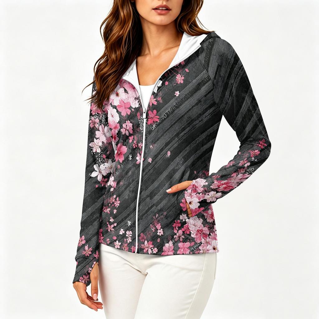Sudadera con capucha ligera para mujer con cremallera, manga larga, capucha y bolsillos, estampado floral, ropa exterior con protección solar