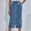 Einreihiger knielanger Jeansrock für Damen, Streetwear, lässig, Tasche, hohe Taille, gerader Jeansrock