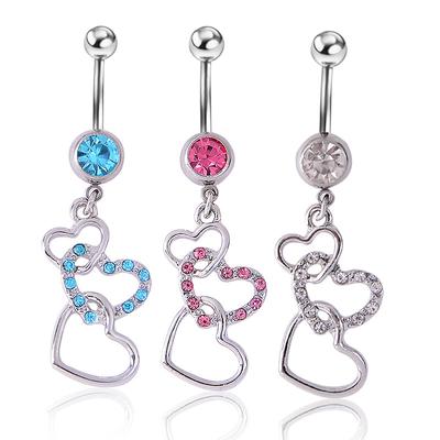 Body Puncture Belly Button Buckle Crystal Vermiculite Inlaid Diamond Three Peach Heart Penetration Belly Navel Stainless Steel