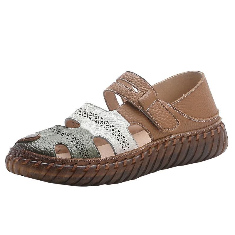 Gladiator Summer Sandals Women's Big  Woman Real Leather Sandals Ladies Patchwork Strap Non-slip Flats