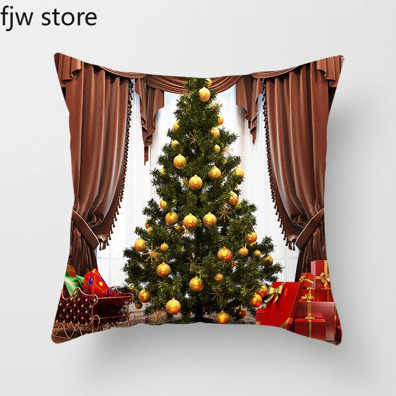 Christmas Decor Pillow Cover  Tree Gift Fireplace Print Throw   New Year Home  Sofa Cushion