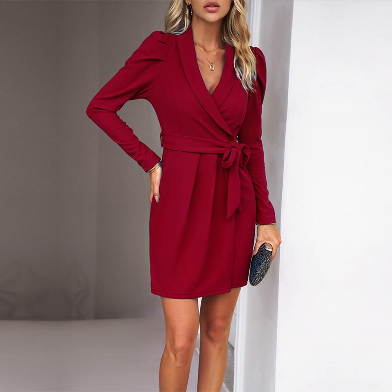 Frauen Herbst Winter Elegante V-ausschnitt Langarm Einfarbig Hohe Taille Kurzes Kleid