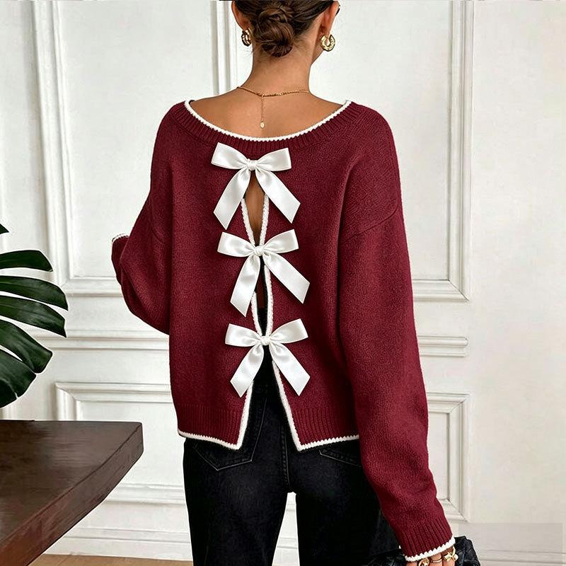 Europe and the United States cross-border autumn and winter women's sweater Amazon sexy fashion bow long sleeve pullover knitted sweater top women
