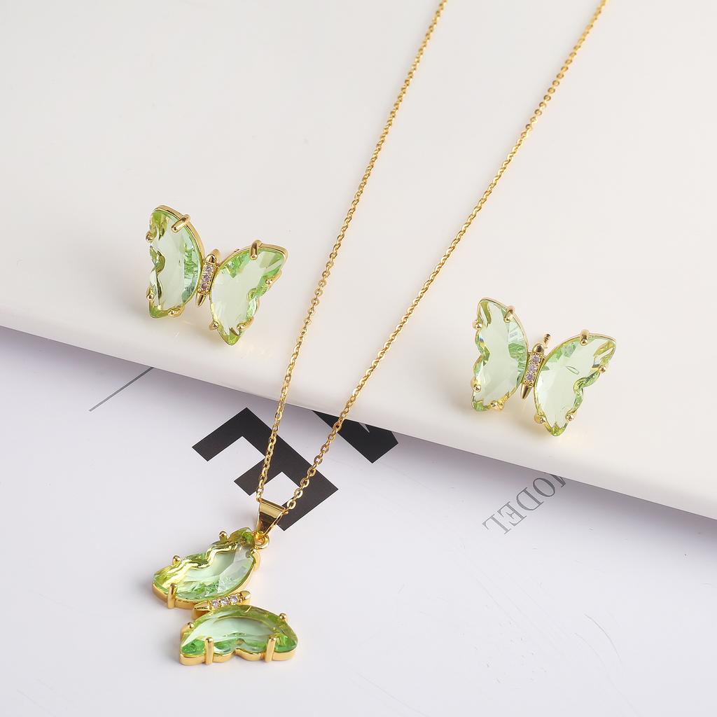 2PC Crystal Transparent Butterfly Pendant Necklace Earrings Jewelry Set Women's Luxury Gold Plated High Quality Gift