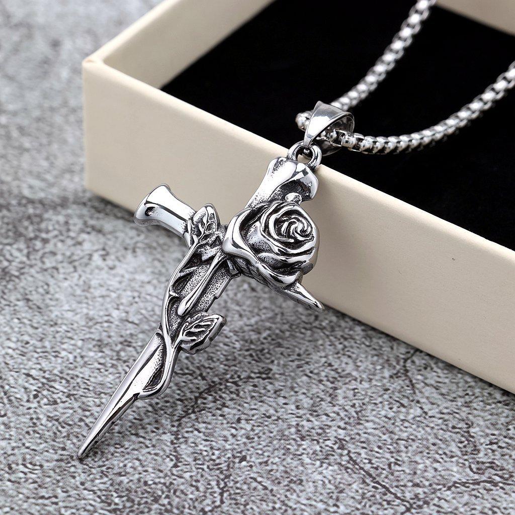 Vintage Stainless Steel Rose Cross Pendant Necklace Unisex Fashion Jewelry Charm