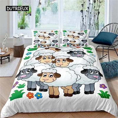 Cartoon Sheep Family Duvet Cover Farmhouse Animals Comforter Cover for Kids Boys Girl Pasture Sheep Quilt Cover Child Room Decor