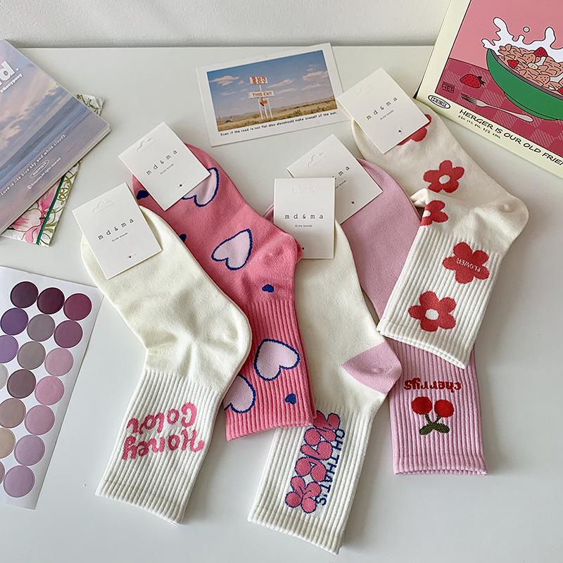 Women's Mid-Calf Socks: Japanese-Inspired Pink Floral with Lettering, Cute and Versatile for Spring & Autumn.