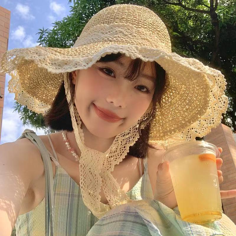 Atmospheric lace straw hat for women, summer wide-brimmed woven fisherman hat, beach sun protection sun hat Adjustable