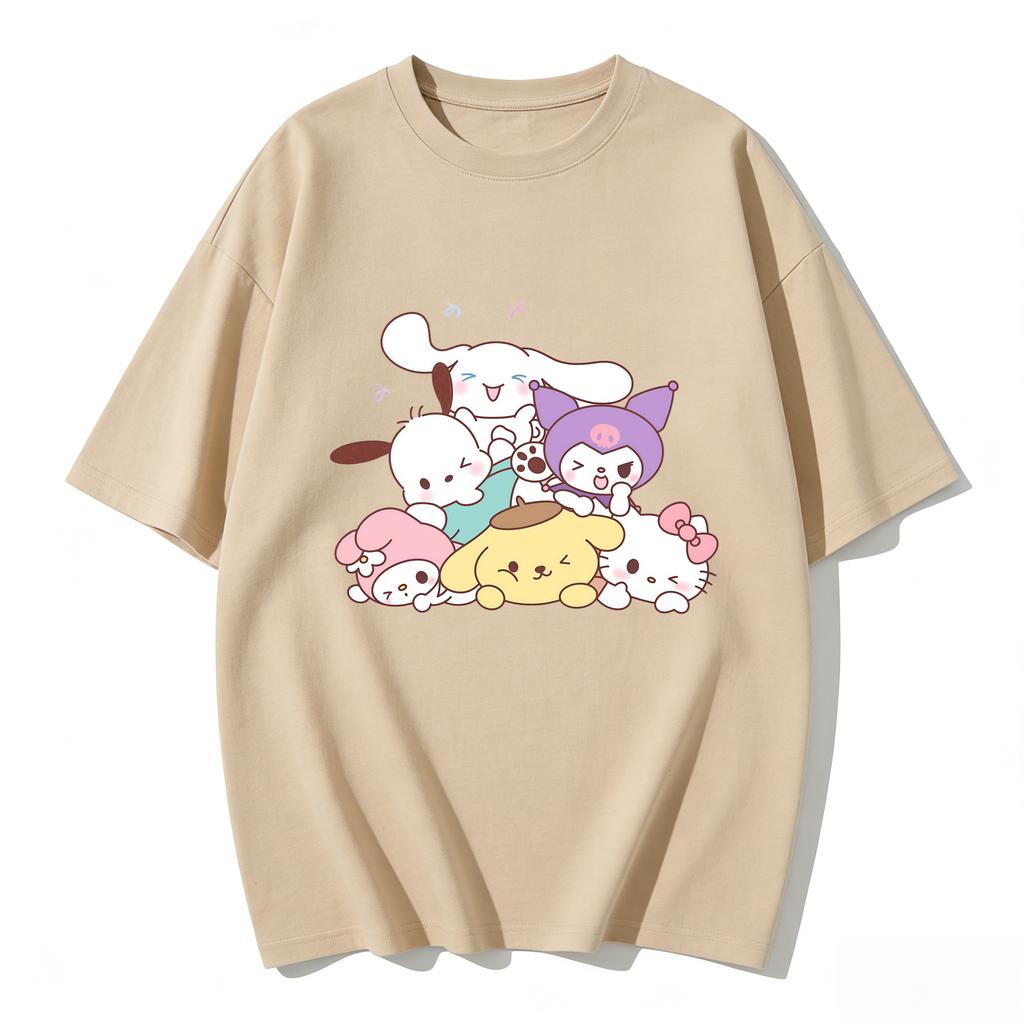 Summer Cute Sanrio Characters Stacked Print Tshirt Casual Short Sleeve Tees for Mom and Daughter Sweet Family Matching Outfits