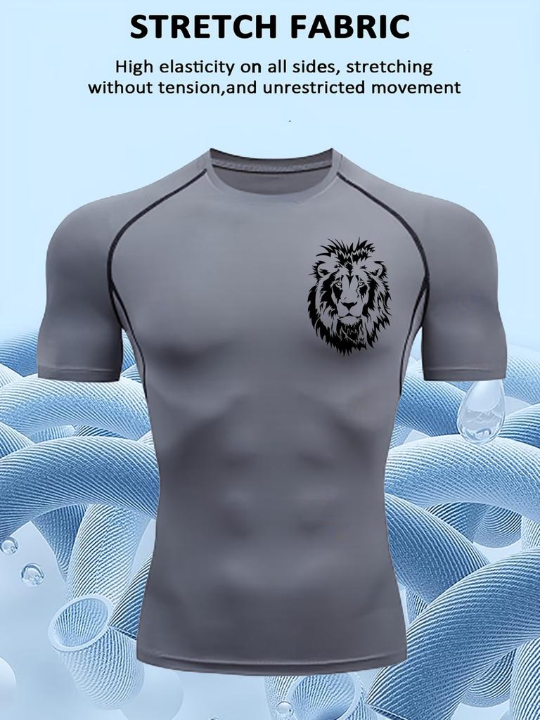 Mens Compression Short Sleeve T-Shirt White Lion Head Graphic Stretch Fabric Quick Dry Breathable High Elasticity Gym And Running Athletic Top
