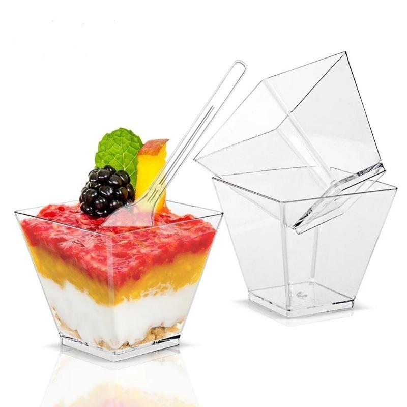 25/50/100PCS Transparent Ladder Shaped Cups Dessert Cups Pudding Fruit Ice Cream Camp Birthday Party Plastic Food Container