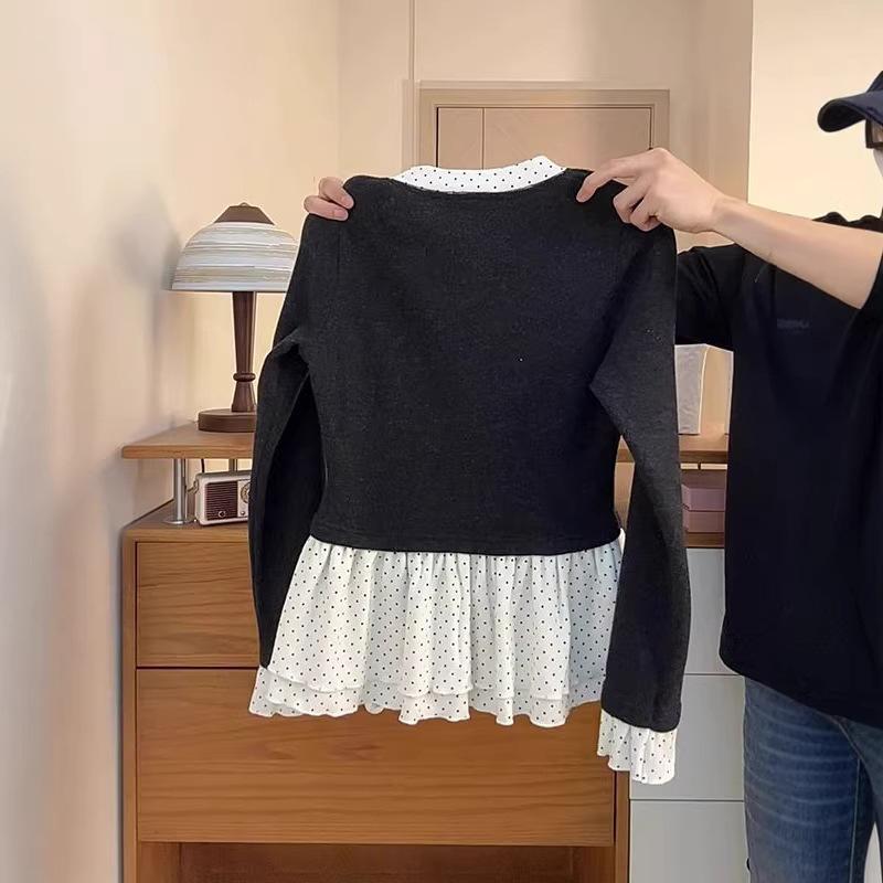 Korean Style Polka Dot V-Neck Ruffle Long Sleeve Tie-Up T-Shirt for Women - Autumn/Winter Two-Piece Look