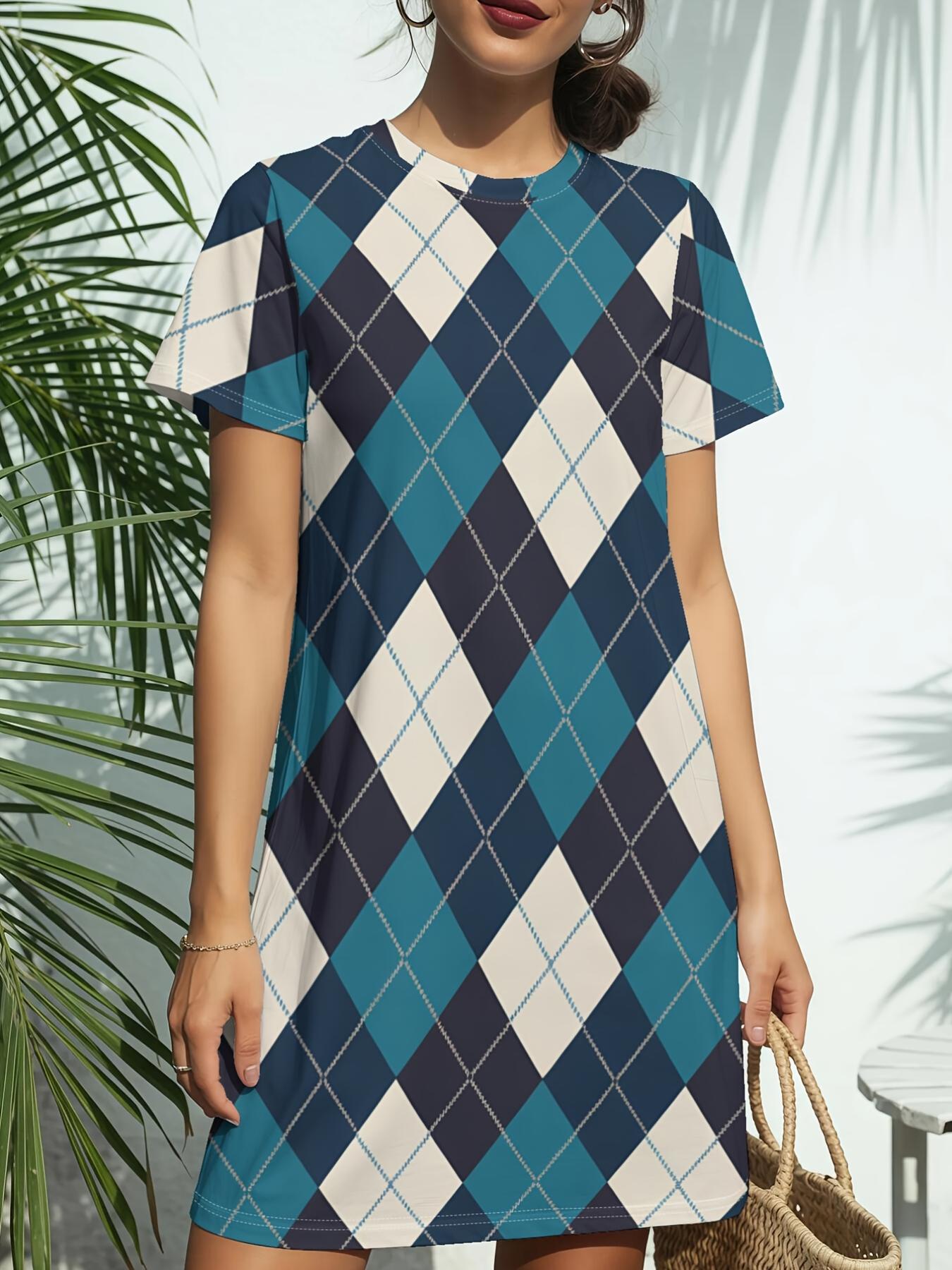 

The New Argyle Diamond Pop Women S Round-Neck Short-Sleeve Dress T-Shirt Features American Fashion Trends with Digital Prints. Perfect for Casual Spri 9XL дубильна кора