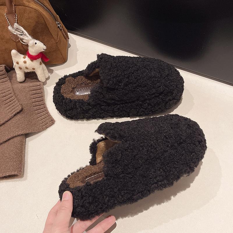 Fashion Winter New Baotou Slippers Women's Fashion Round Head Deep Mouth Suede Thick Soles Anti-slip Wear-resistant Flat Shoes
